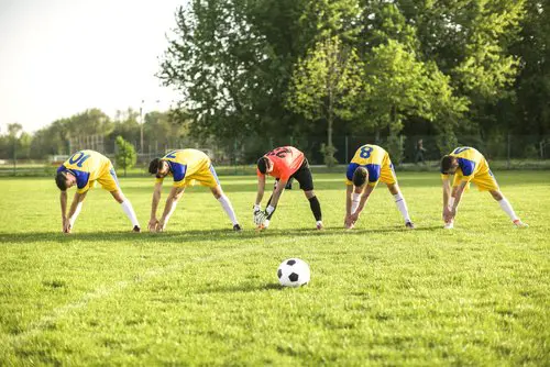 Soccer players lined up on the field, demonstrating unity and focus as they prepare for the upcoming game.