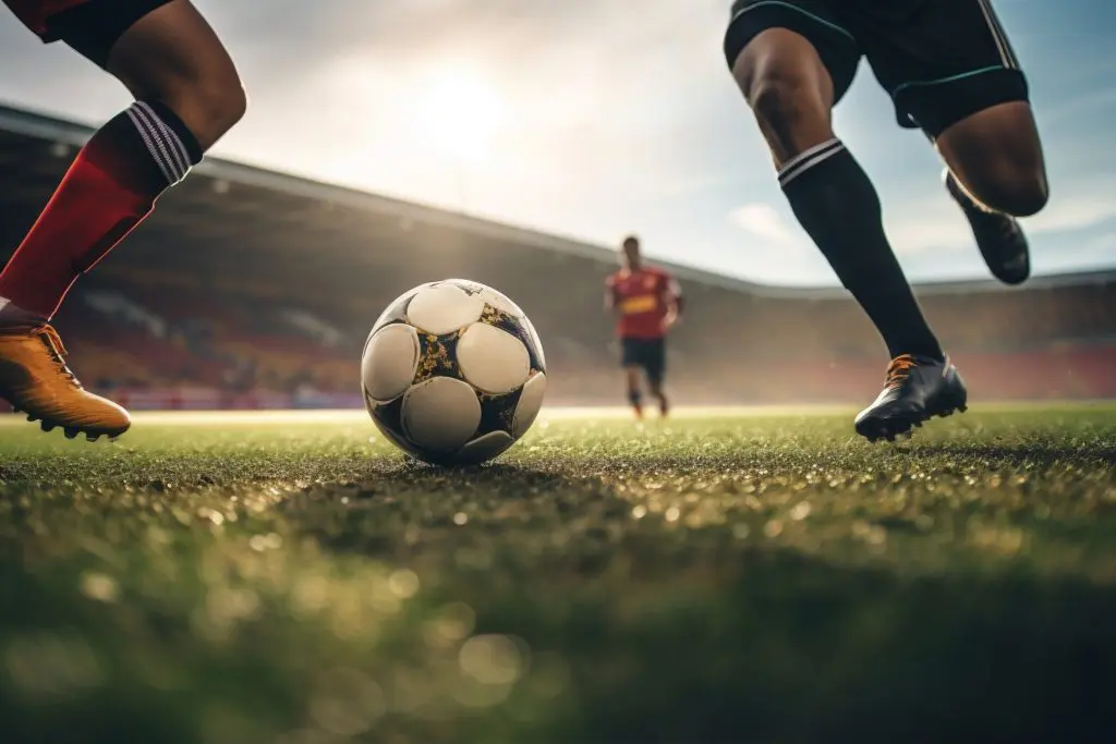 Soccer players in action, running with the ball on the field, demonstrating speed and coordination in the game.
