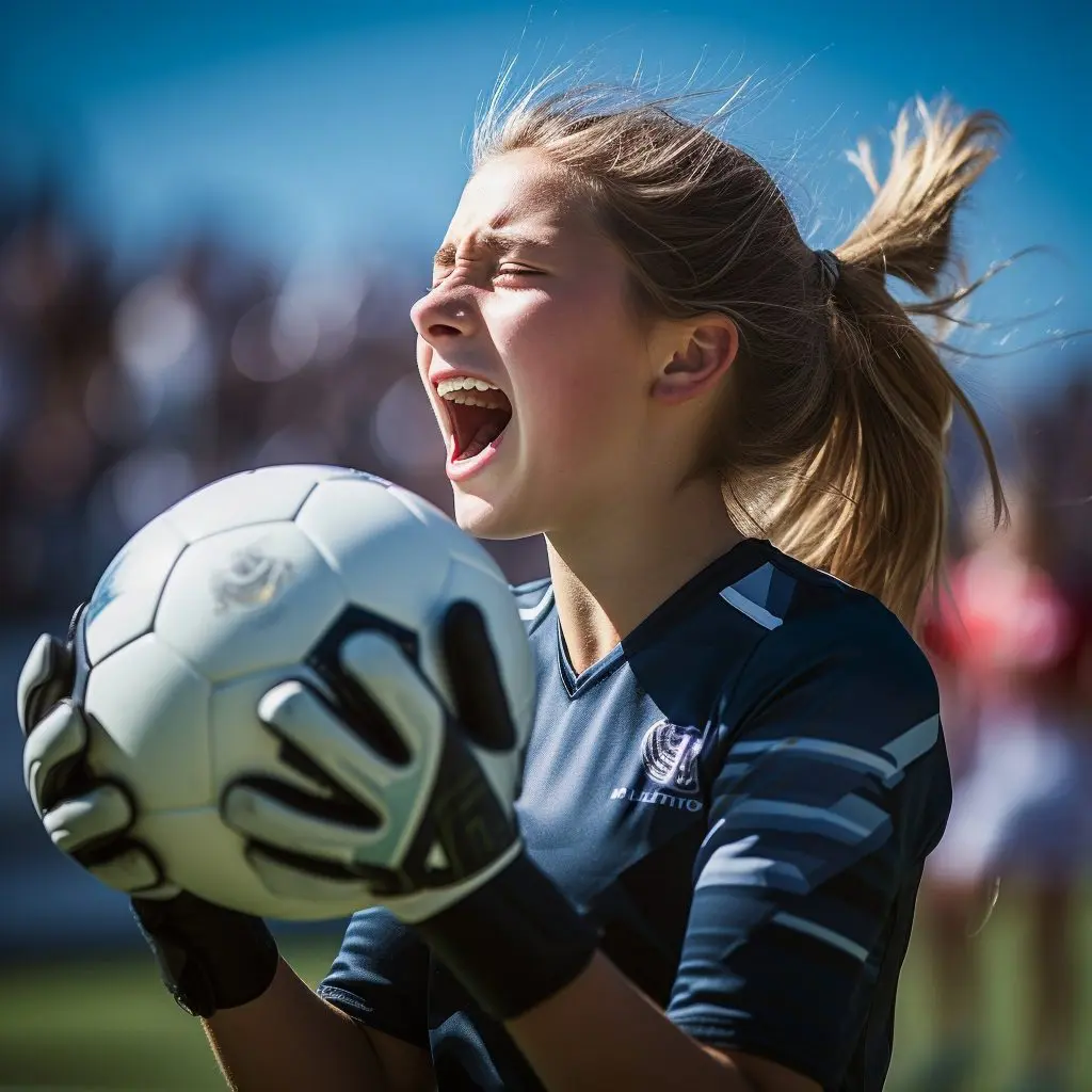 A young girl stands confidently, holding a soccer ball in her hands, ready to play on the field.