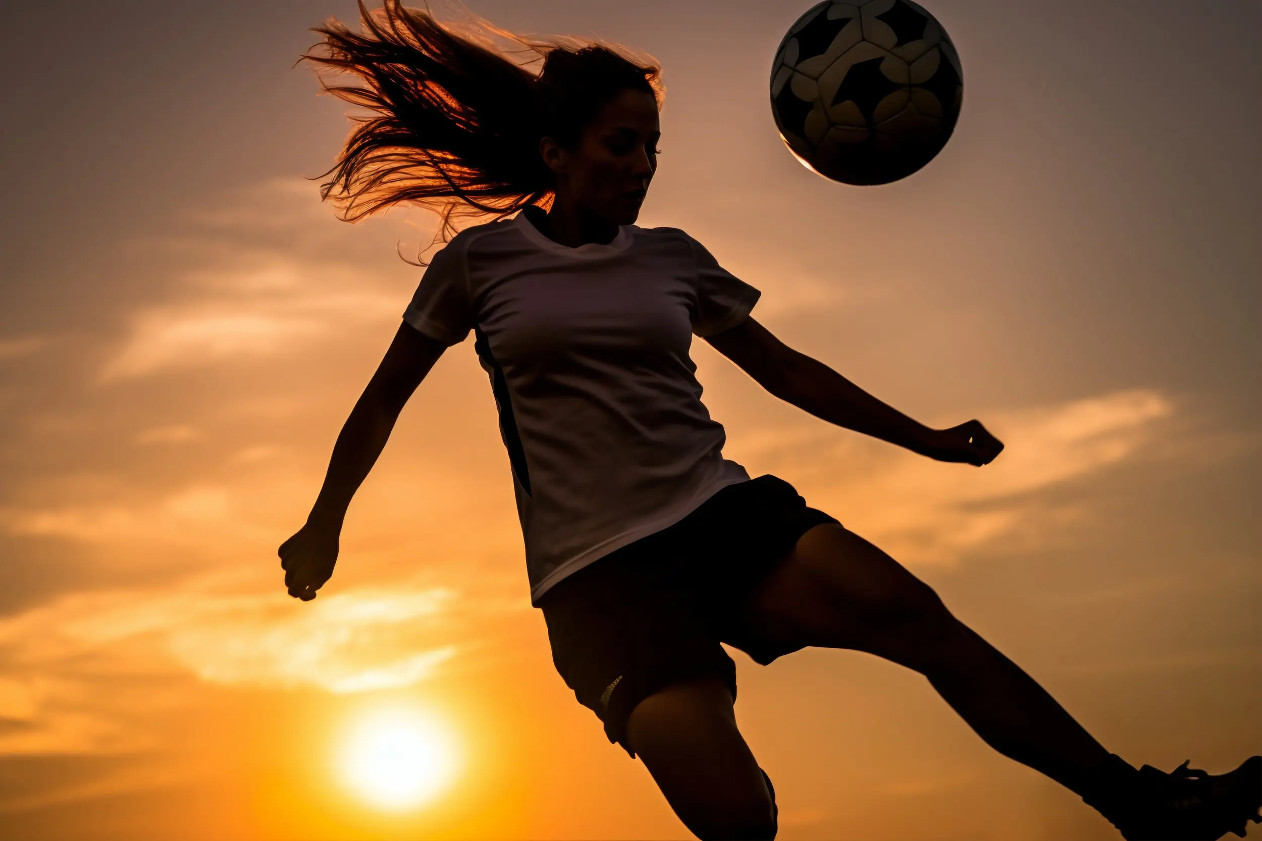 A woman kicks a soccer ball against a vibrant sunset backdrop, showcasing her athleticism and the beauty of the moment.