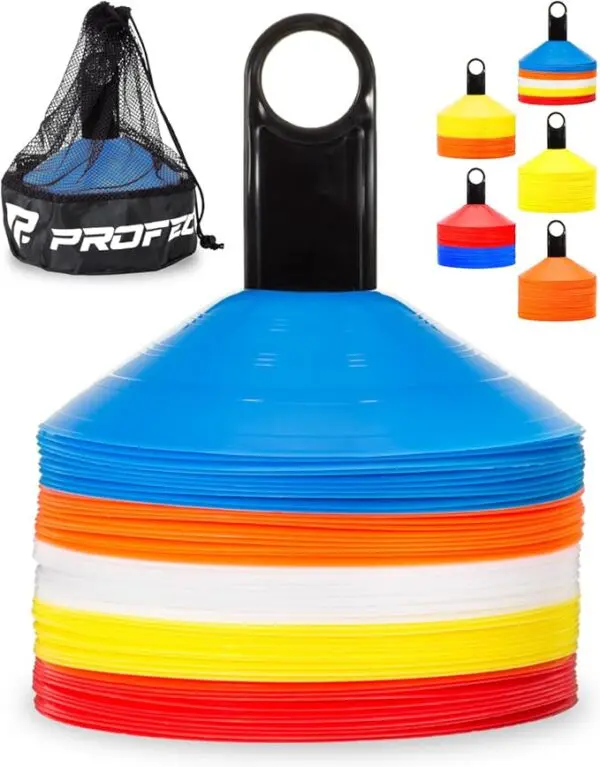 Pro Disc Cones (Set of 50) – Agility Soccer Cones with Carry Bag & Training Guide