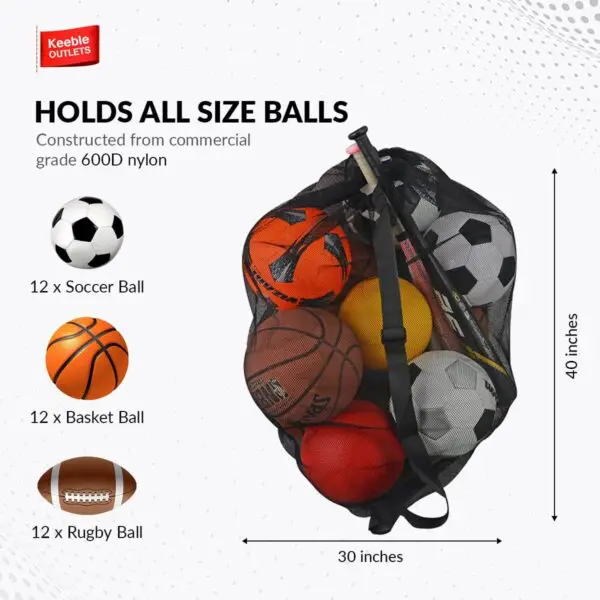 Keeble Outlets Extra Large Sports Ball Bag – Heavy Duty Mesh Soccer Ball Bag with Drawstring & Shoulder Strap - Image 10