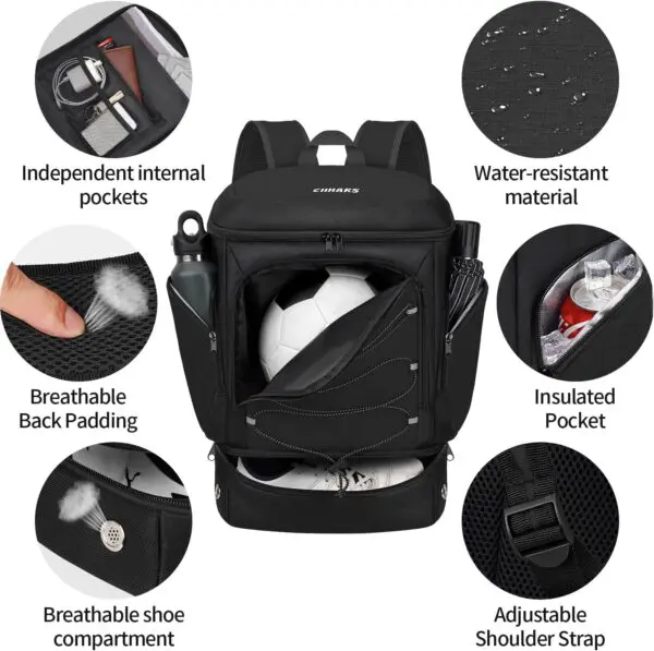 Premium Soccer Backpack with Ball Holder & Cleat Compartment – Multi-Sport Bag for Soccer, Basketball, Volleyball, and Football, Includes Insulated Pocket for Drinks & Food - Image 2