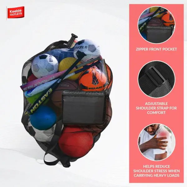 Keeble Outlets Extra Large Sports Ball Bag – Heavy Duty Mesh Soccer Ball Bag with Drawstring & Shoulder Strap - Image 2