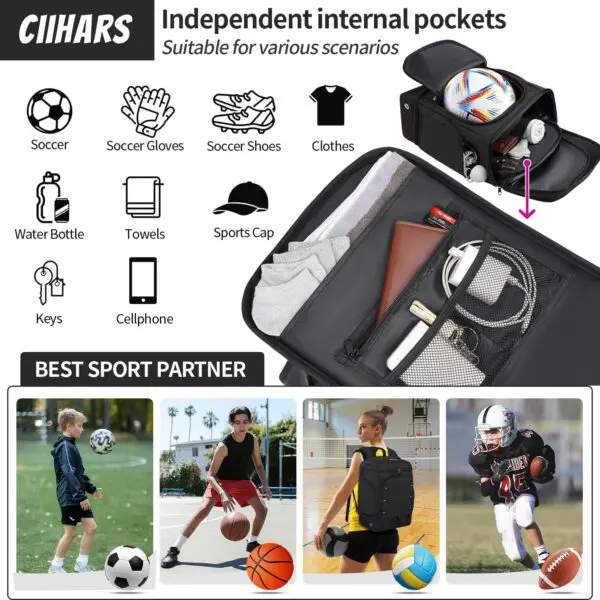 Premium Soccer Backpack with Ball Holder & Cleat Compartment – Multi-Sport Bag for Soccer, Basketball, Volleyball, and Football, Includes Insulated Pocket for Drinks & Food - Image 6
