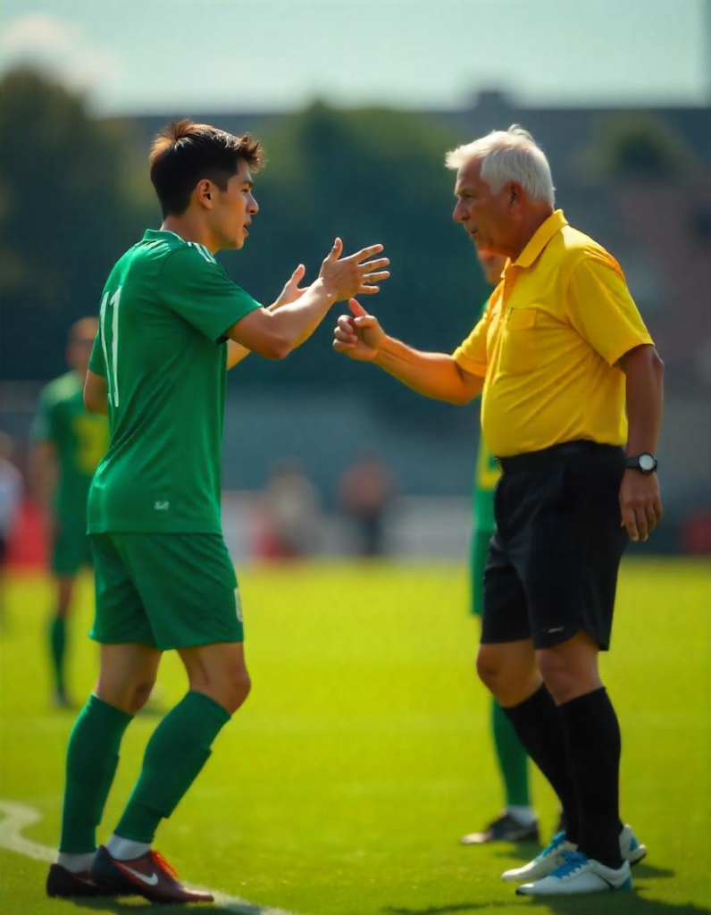 Young male soccer player arguing with refereee, using hands. U14, U18 youth soccer rules