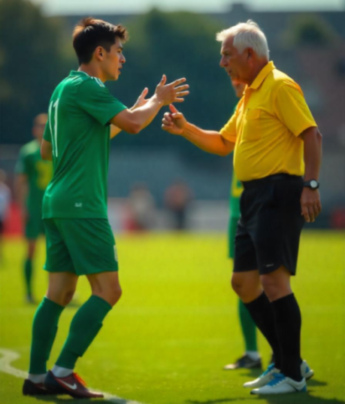 Young male soccer player arguing with refereee, using hands