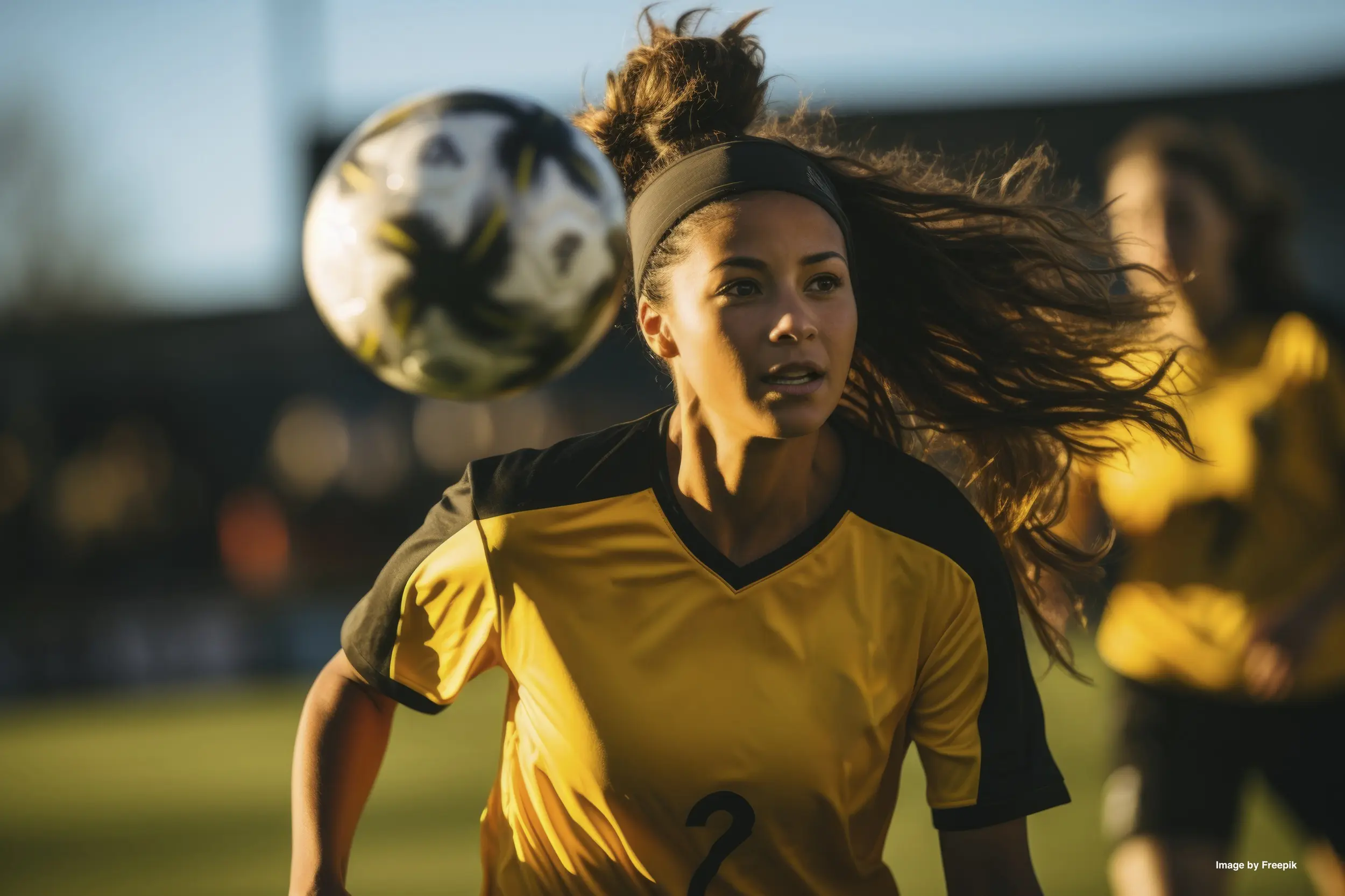Female soccer player teenagerrunning on the field sees a soccer ball for a header