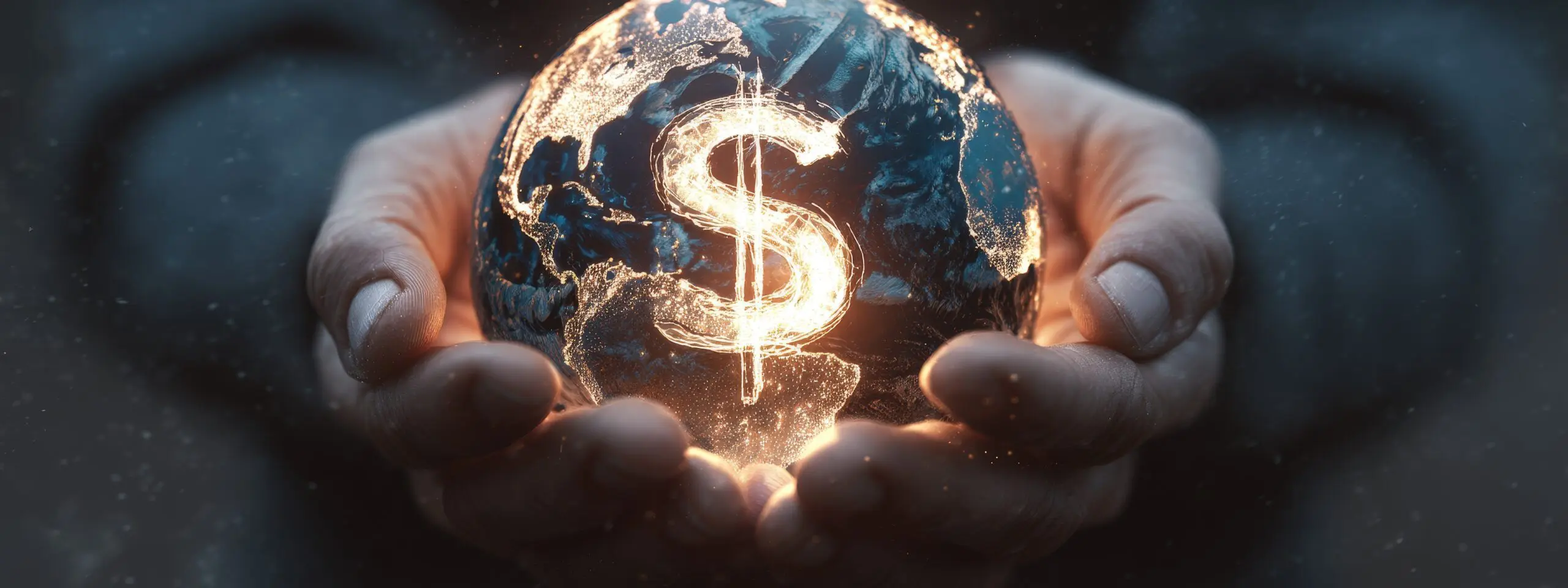 Man holding a glowing globe with a glowing dollar sign symbol in the middle