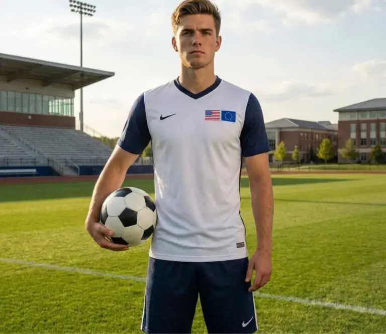 European player with soccer ball at U.S. university campus.