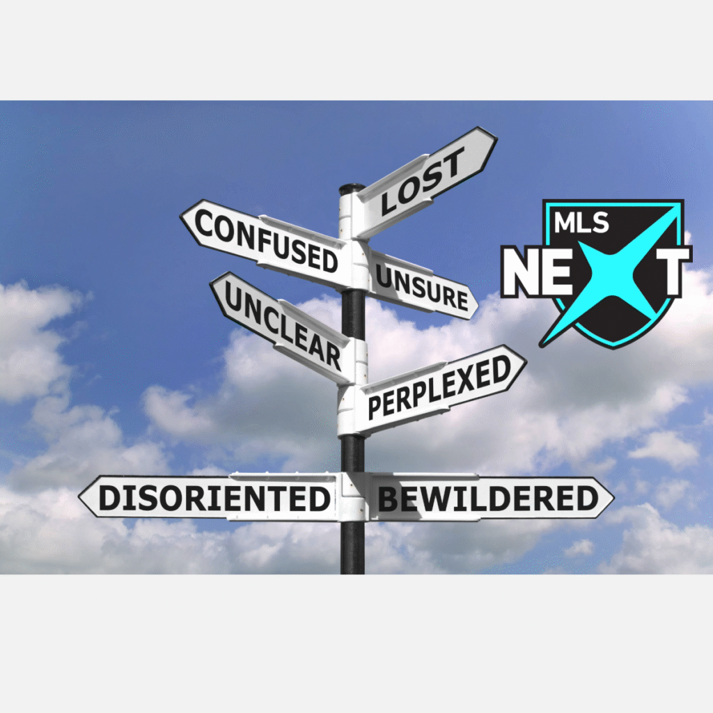 Directional sign pointing to Confusion in reference to MLS Next 2 announcements