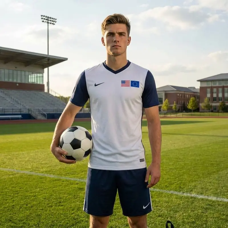 Europäischer Spieler mit Fußball auf dem Campus einer USUniversität.