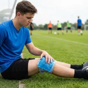 Image of soccer player icing under the knee sitting on the pitch