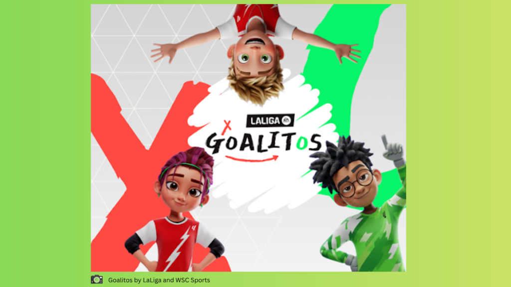 Animated GOALITOS promo image featuring three cartoon kids in soccer kits posing around the LALIGA GOALITOS logo on a colorful red, white, and green background.