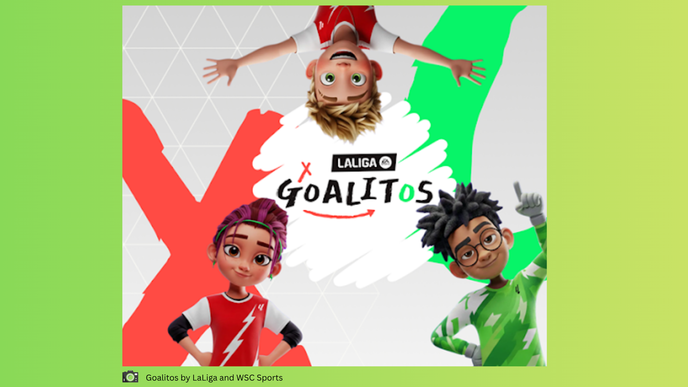 Animated GOALITOS promo image featuring three cartoon kids in soccer kits posing around the LALIGA GOALITOS logo on a colorful red, white, and green background.