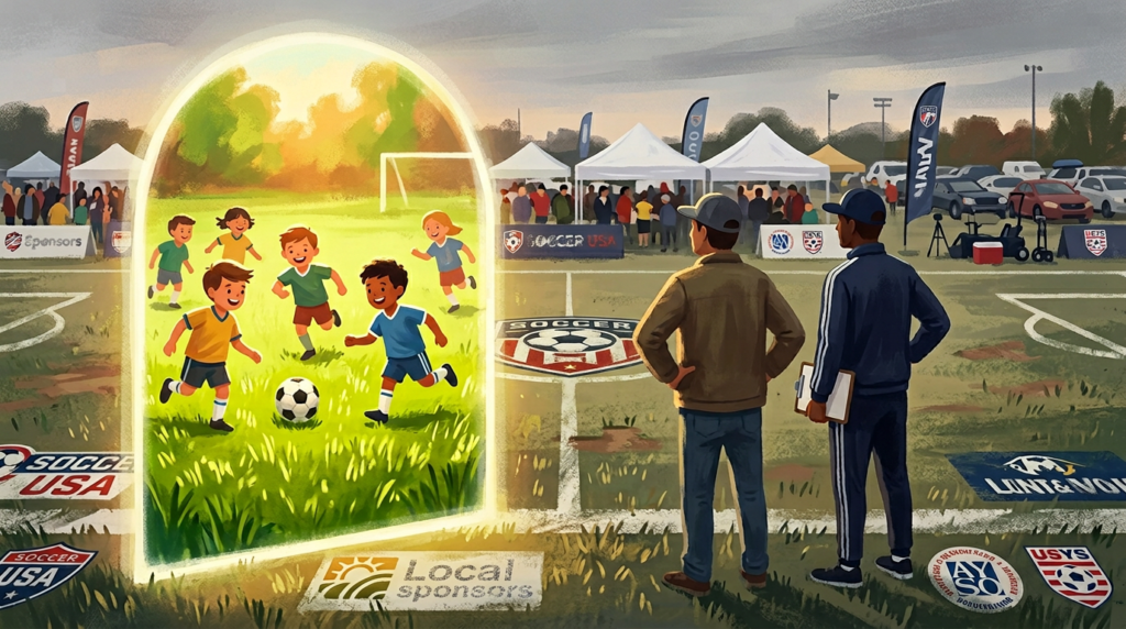 Illustration of American youth soccer leaders looking back at a glowing field of local kids playing, contrasting nostalgic community soccer with today’s branded, competitive landscape.