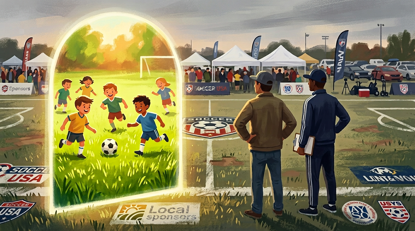 Illustration of American youth soccer leaders looking back at a glowing field of local kids playing, contrasting nostalgic community soccer with today’s branded, competitive landscape.