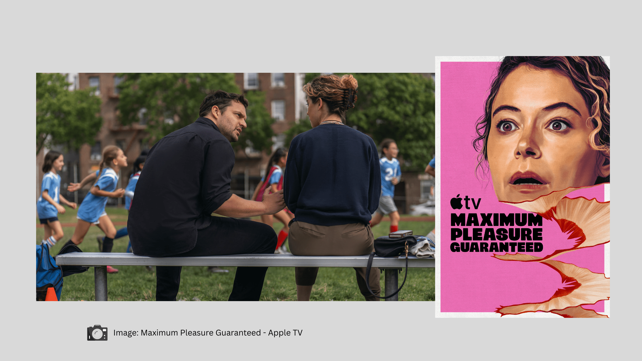 Apple TV Maximum Pleasure Guaranteed ; soccer parents on bench watching game.