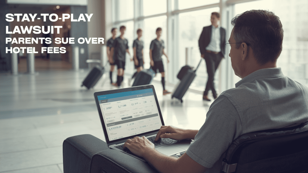 Alt text: Parent on a laptop comparing hotel prices at an airport while a youth soccer team walks by, illustrating a stay‑to‑play lawsuit over hotel fees.
