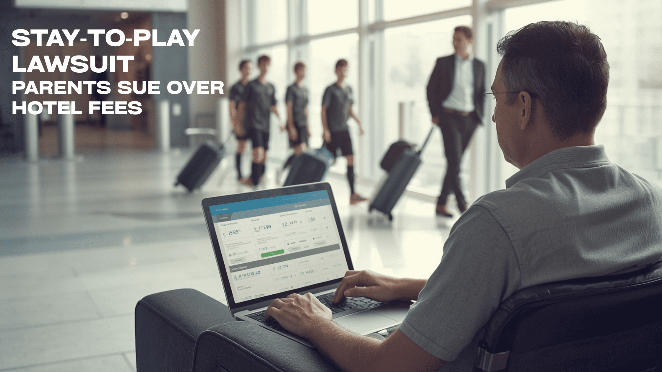 Alt text: Parent on a laptop comparing hotel prices at an airport while a youth soccer team walks by, illustrating a stay‑to‑play lawsuit over hotel fees.