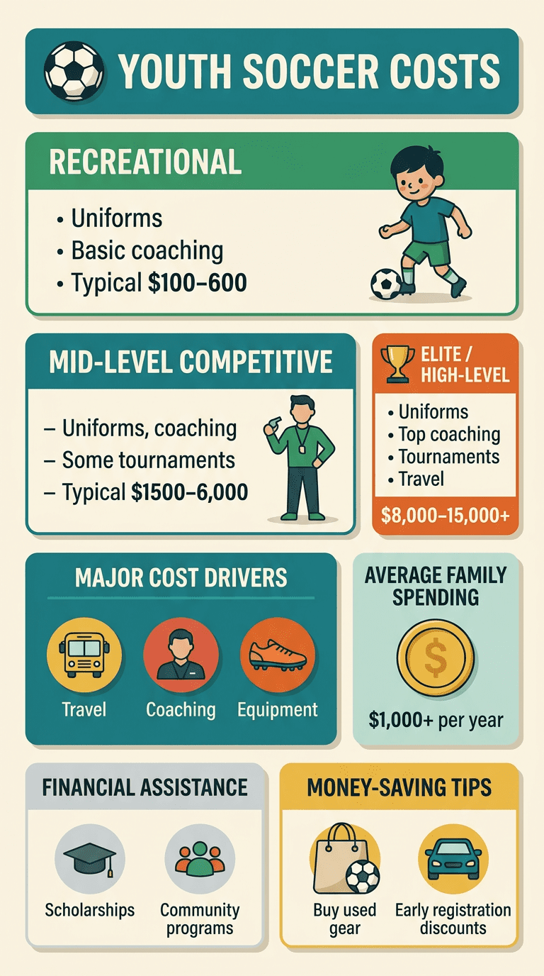 Infographic showing youth soccer costs by level, from low-cost recreational programs to mid-level competitive and elite travel teams, plus major cost drivers, average family spending, financial aid, and money-saving tips.