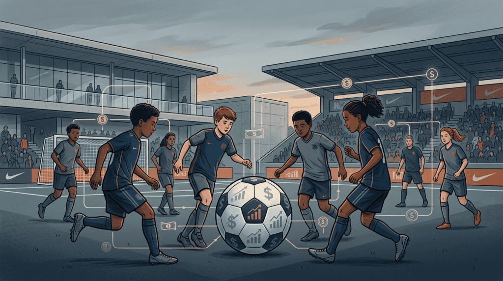 Illustration of youth soccer players on a modern field with a soccer ball covered in dollar signs and charts, symbolizing private equity and money shaping youth sports.