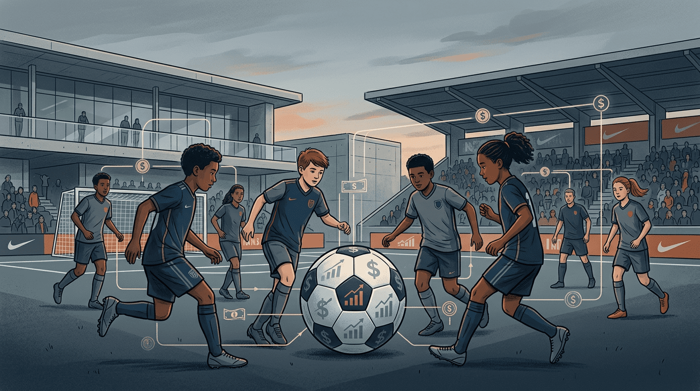 Illustration of youth soccer players on a modern field with a soccer ball covered in dollar signs and charts, symbolizing private equity and money shaping youth sports.