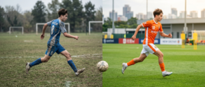 Youth soccer player in an old blue uniform on a rough field and the same player in a new orange uniform on a professional field, illustrating changing soccer club mid‑season.