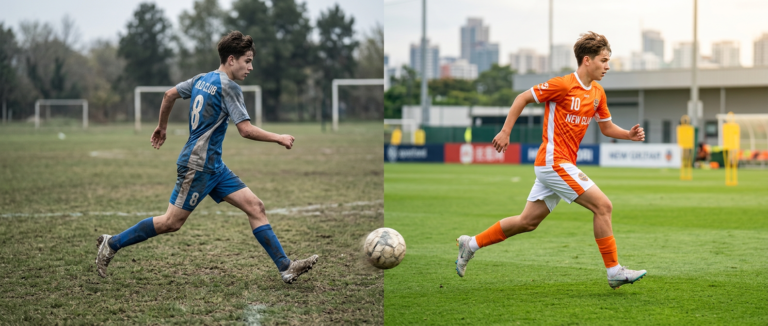 Youth soccer player in an old blue uniform on a rough field and the same player in a new orange uniform on a professional field, illustrating changing soccer club mid‑season.
