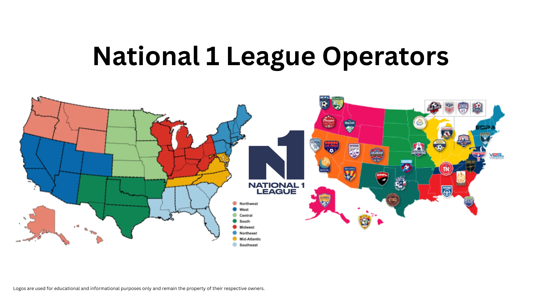 National 1 League operators map showing eight regional conferences and league logos across 34 districts in the United States