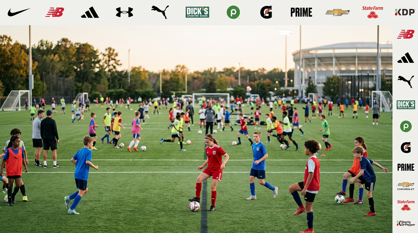 Youth soccer players training on a busy field with sponsorships logos from Nike, New Balance, Adidas, Under Armour, Puma, DICK’S, Publix, Gatorade, Prime, Chevrolet, State Farm, and other brands that fund youth sports.