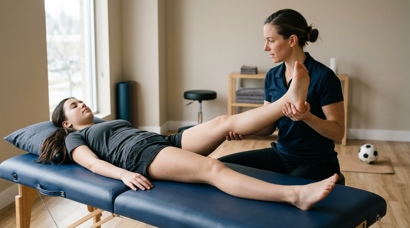 Stretch therapist performing assisted stretching on a young soccer player with leg stretching on a treatment table to improve flexibility and prevent overuse injuries.