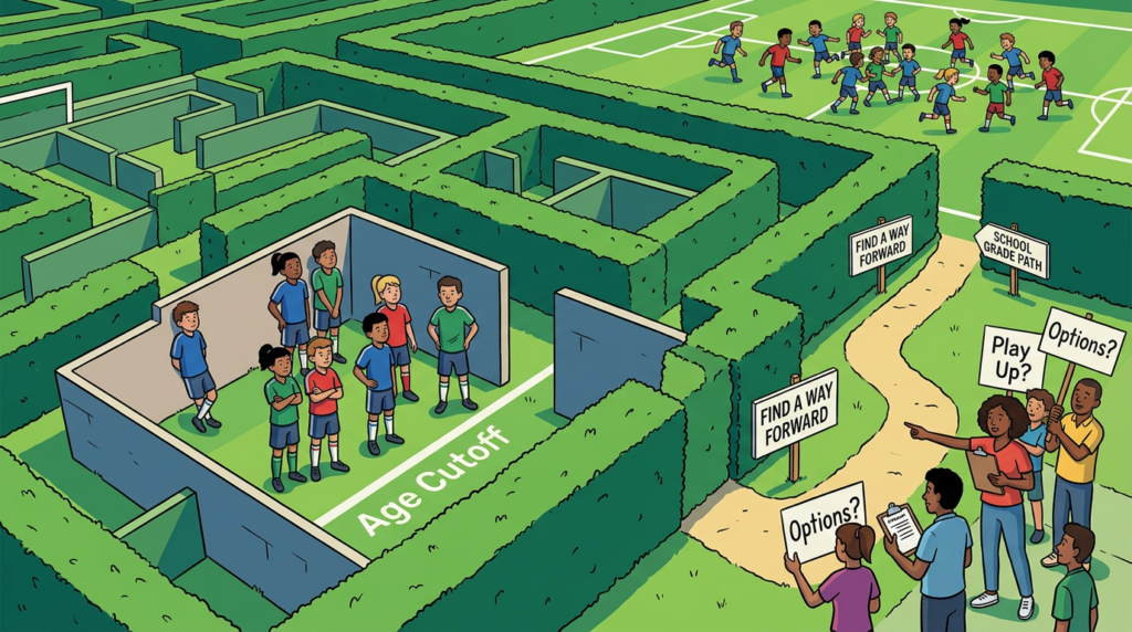 Illustration of youth soccer, trapped players, behind an age cutoff line in a hedge maze while parents and coaches outside hold signs asking about options, waivers, and playing up under the new 2026 age‑group change.
