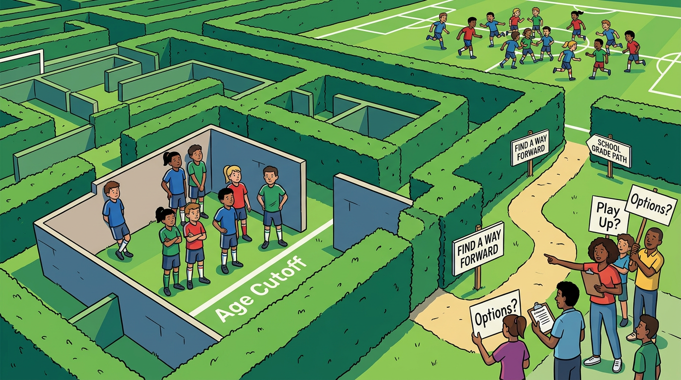 Illustration of youth soccer, trapped players, behind an age cutoff line in a hedge maze while parents and coaches outside hold signs asking about options, waivers, and playing up under the new 2026 age‑group change.