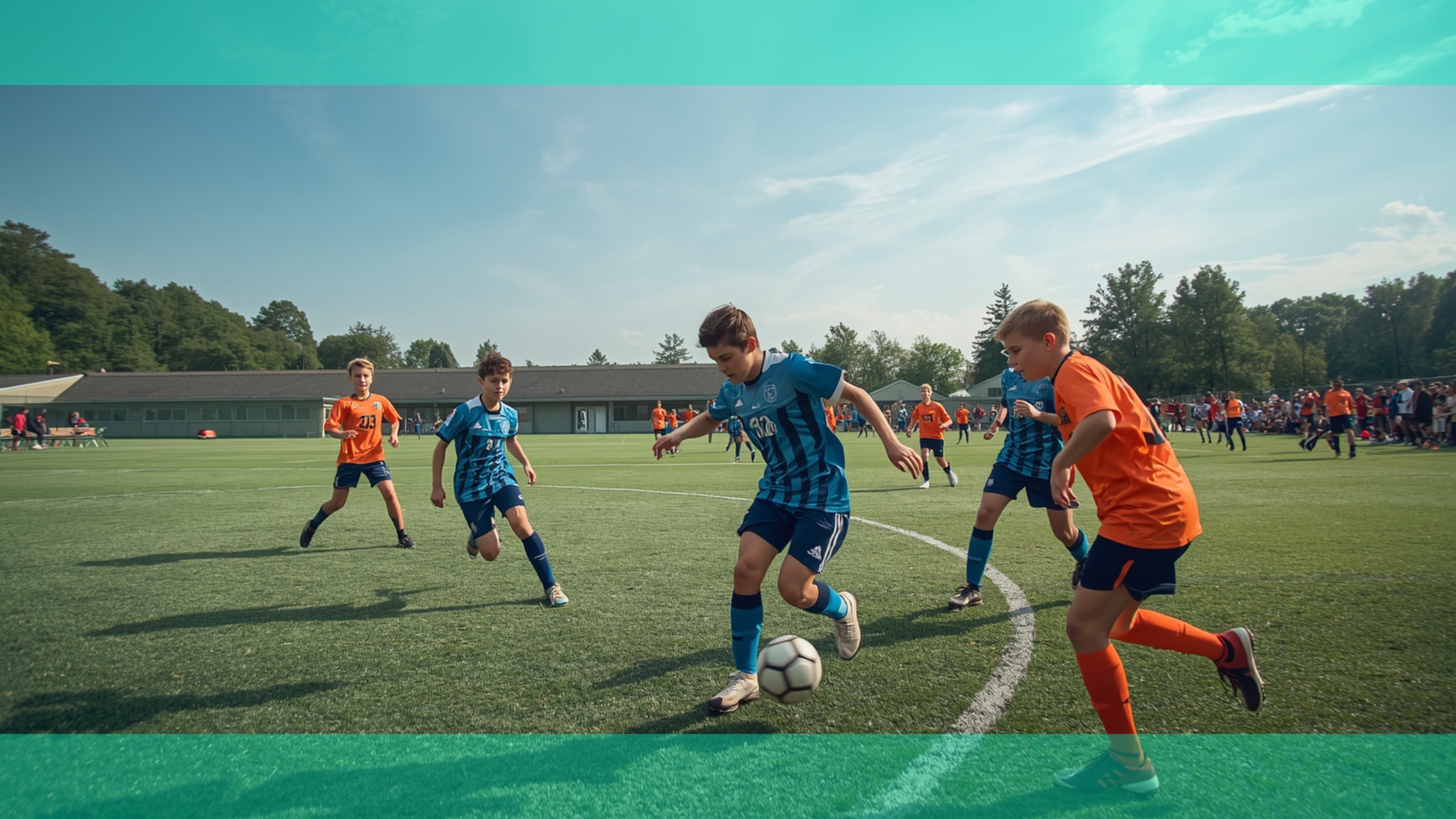 Youth boys playing competitive school soccer match on a school field, highlighting the debate between school-based soccer and expensive travel club pathways.