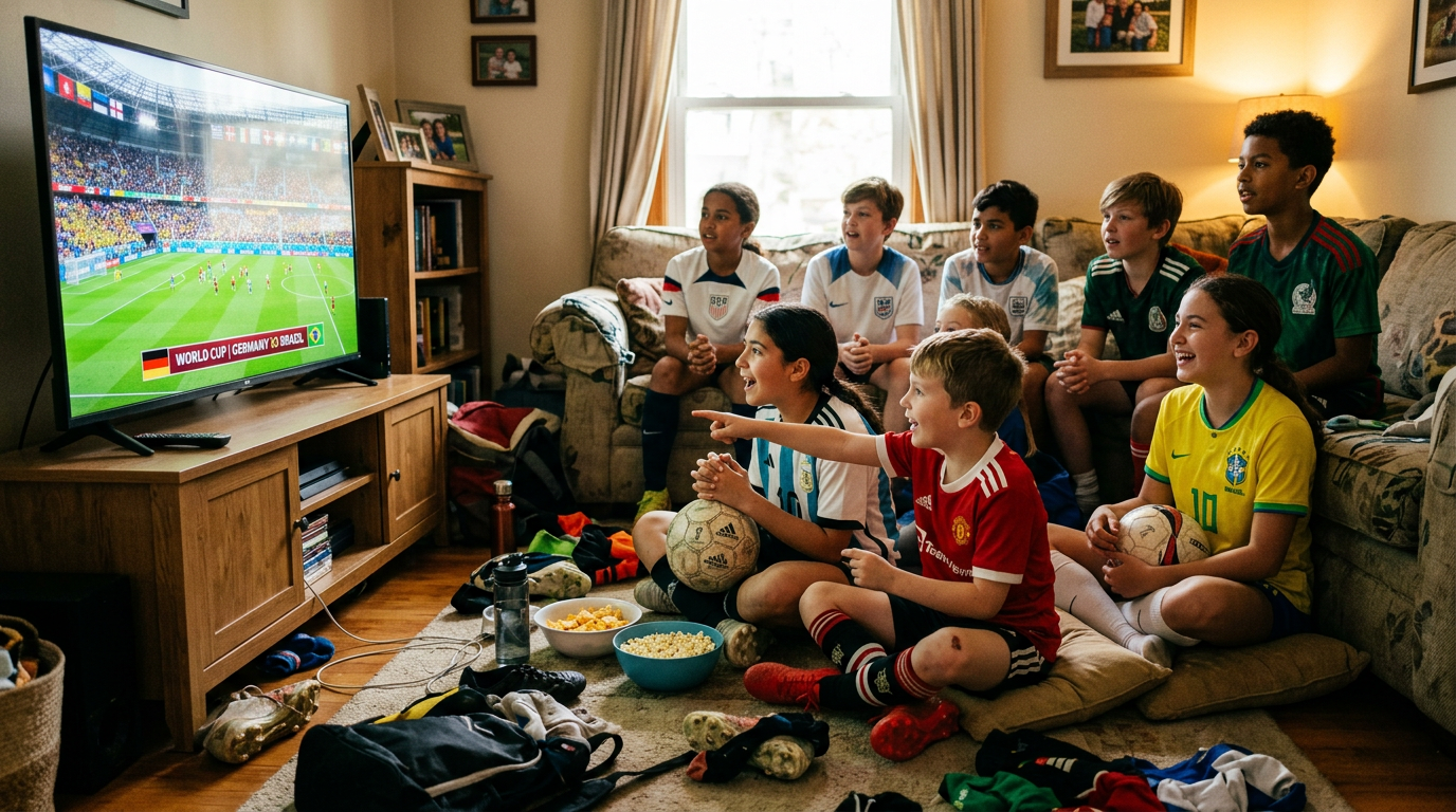 Kids in youth soccer jerseys watching a World Cup match together on a living room TV, cheering and holding soccer balls.