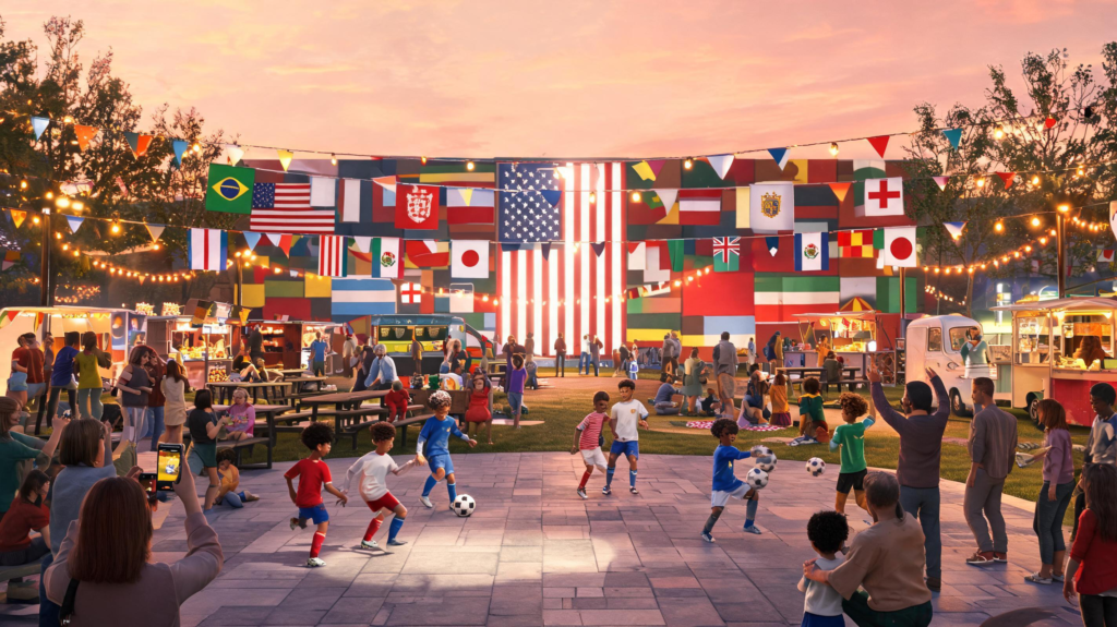 Kids playing small‑sided soccer in a World Cup fan zone with international flags, food trucks, and families enjoying a festive evening under string lights.