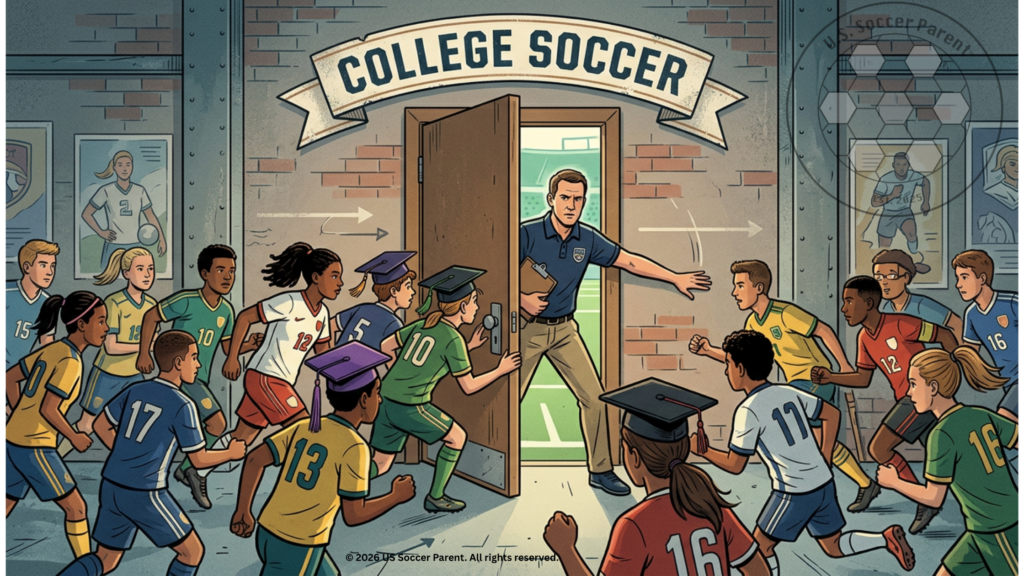 Illustration of youth soccer players racing through a college soccer doorway as a coach manages limited roster spots under new NCAA five-year age-based eligibility rules.