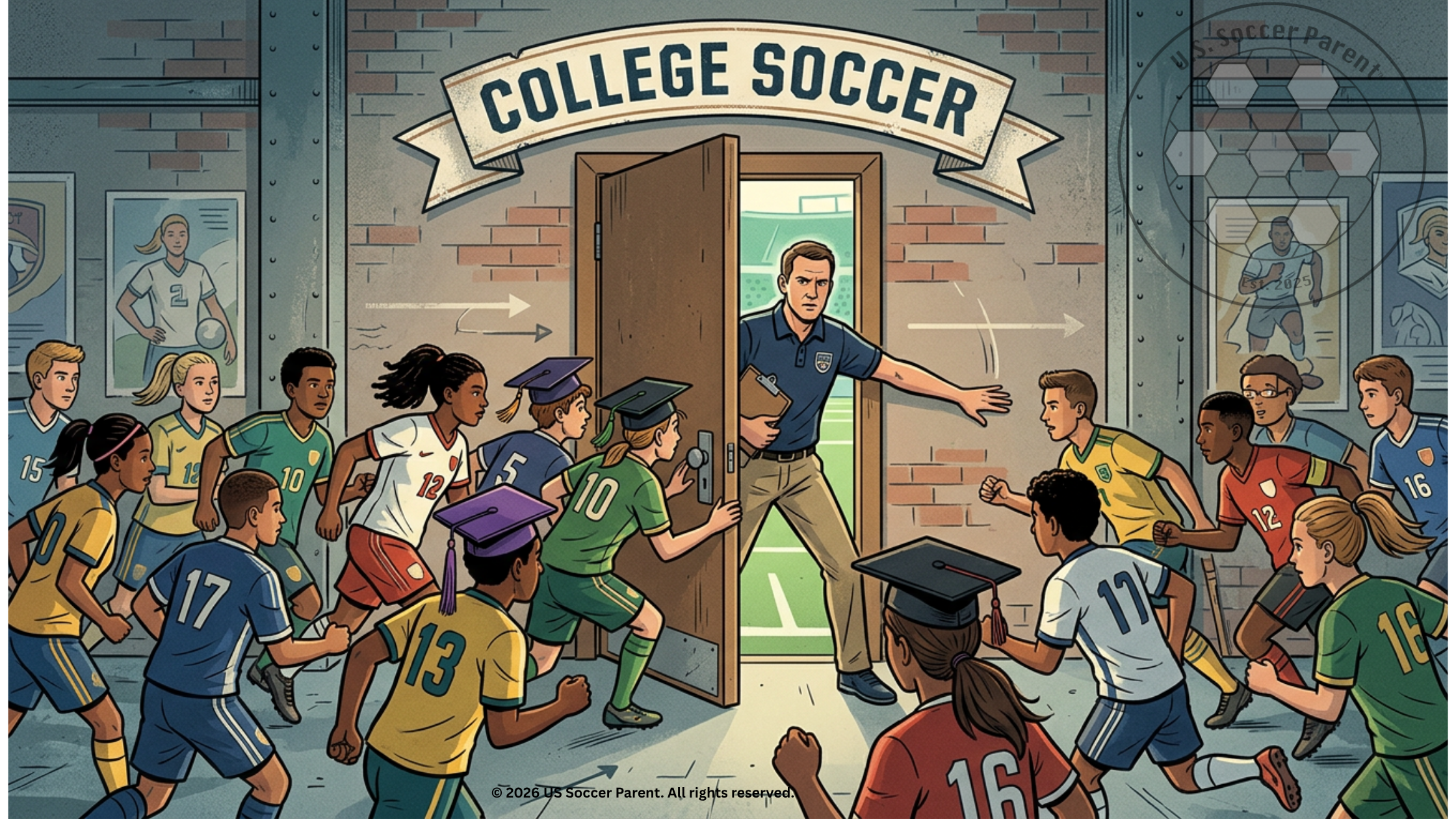 Illustration of youth soccer players racing through a college soccer doorway as a coach manages limited roster spots under new NCAA five-year age-based eligibility rules.
