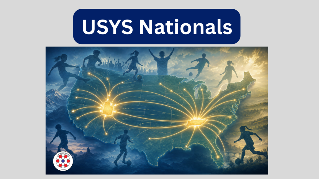 Illustration of USYS National Championships showing youth players around a glowing map of the United States, with Utah and Tennessee highlighted as 2026 host venues.