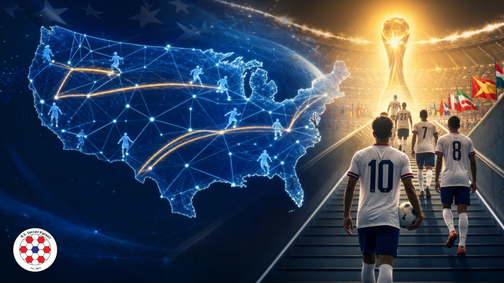 US soccer development pipeline illustrated as a US map connecting youth players to USMNT stars climbing toward a World Cup trophy