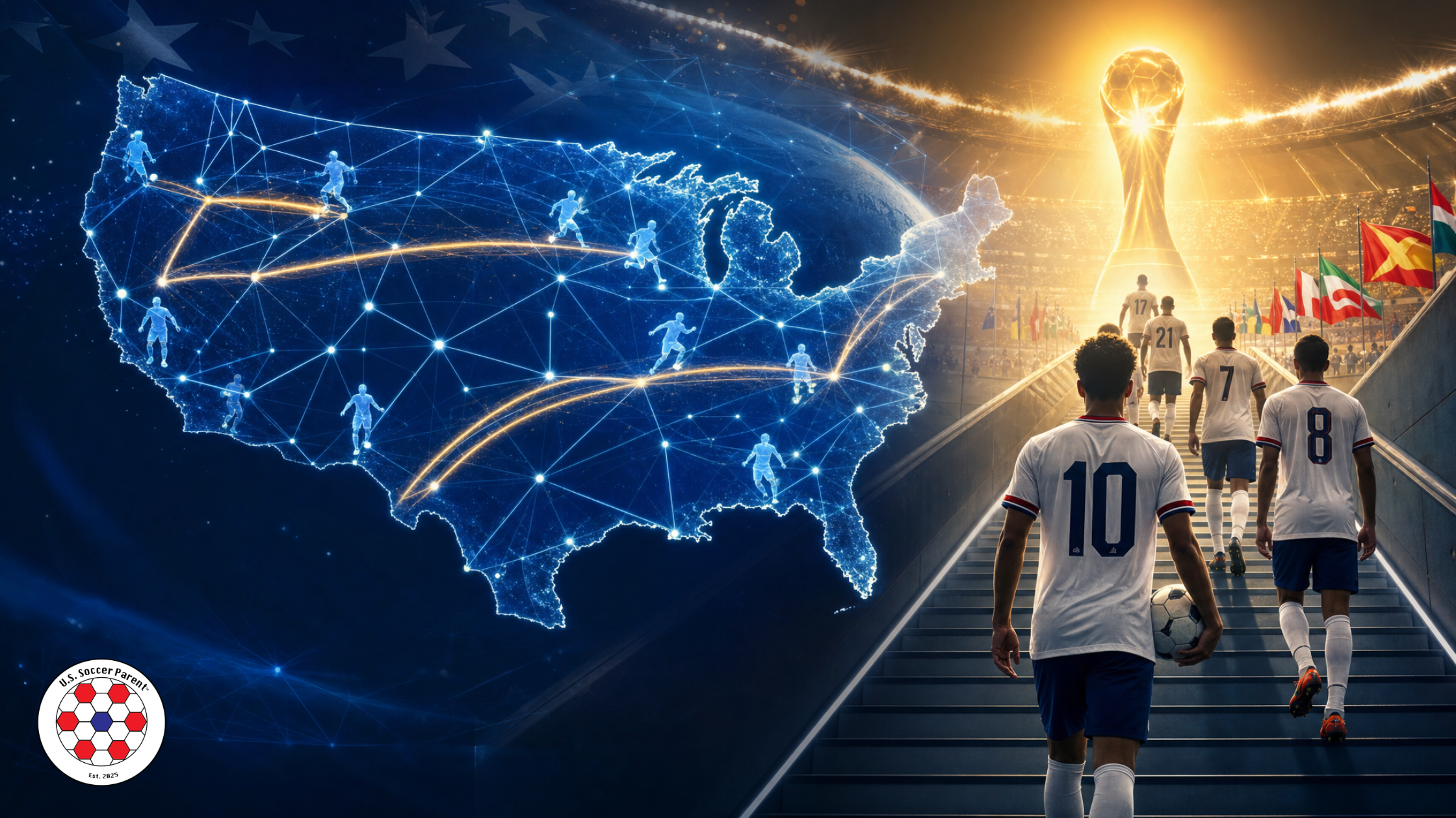 US soccer development pipeline illustrated as a US map connecting youth players to USMNT stars climbing toward a World Cup trophy