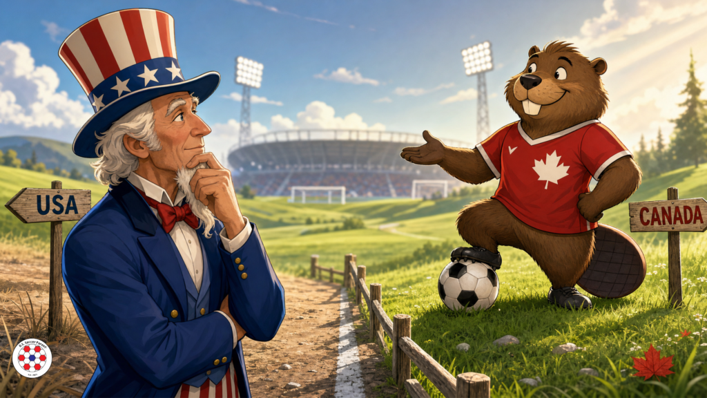 Uncle Sam watching Canadian beaver in soccer jersey balancing ball on field between USA and Canada signs in front of stadium for U.S. Soccer and Canada youth soccer comparison
