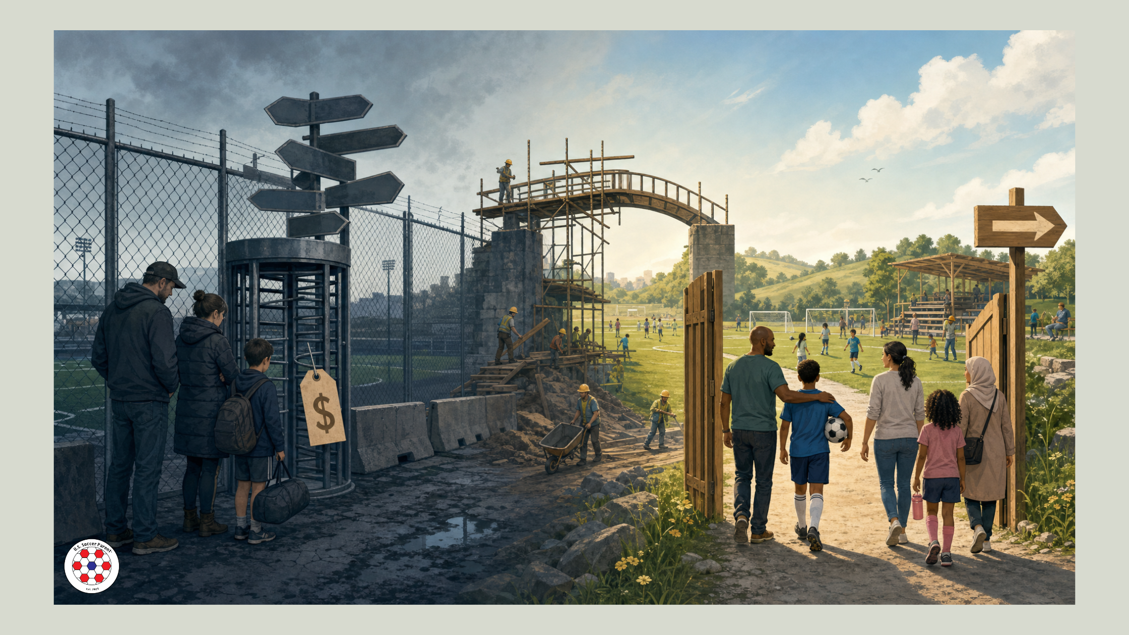 U.S. Soccer Illustration of youth soccer access shift from pay‑to‑play to more open, affordable fields, with one side showing a fenced field and price tag and the other side showing families walking through a new gate to community soccer pitches.