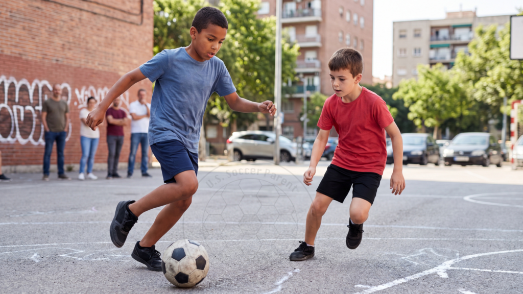 Two boys play pickup soccer on an urban court, illustrating the missing middle in the USSF's new affordable youth soccer system.