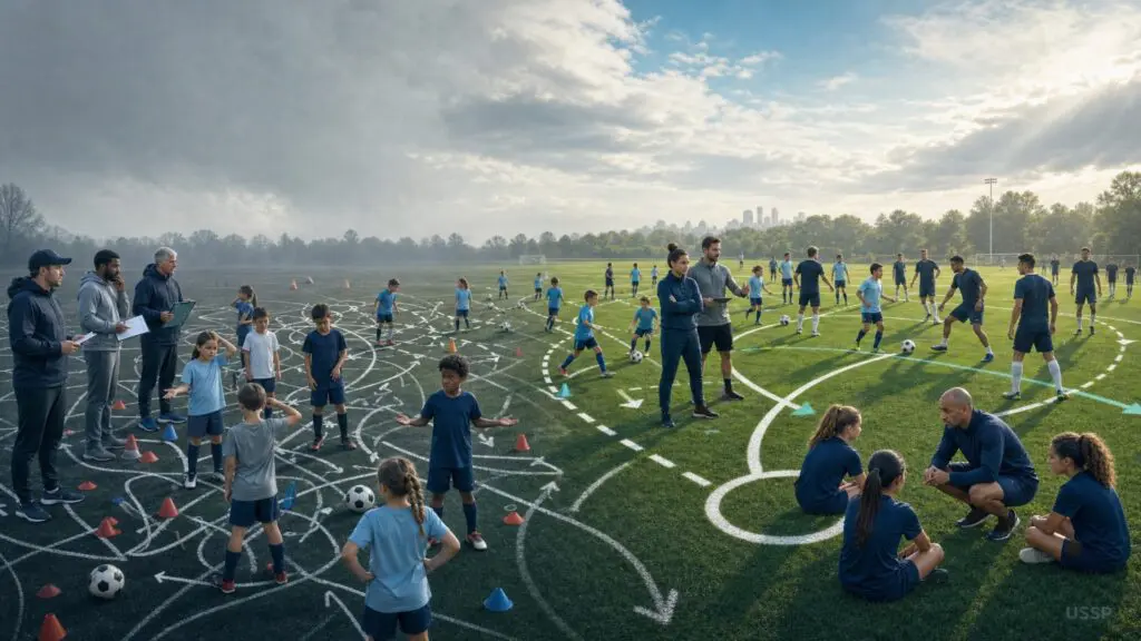 Youth soccer coaches and players of all ages training on one field under a shared U.S. development philosophy