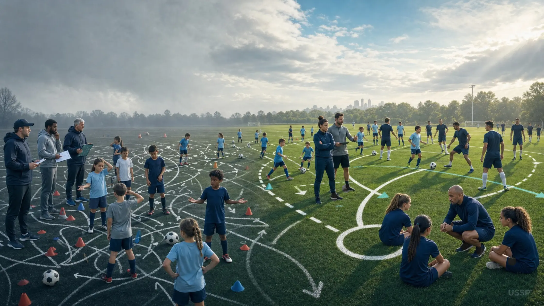 Youth soccer coaches and players of all ages training on one field under a shared U.S. development philosophy