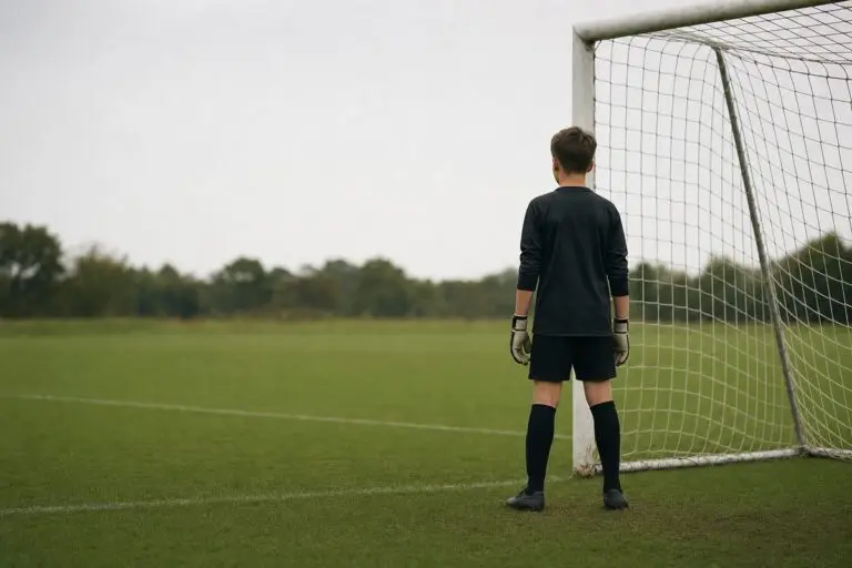 A young goalkeeper standing alone at the goal line on an empty training field, seen from behind