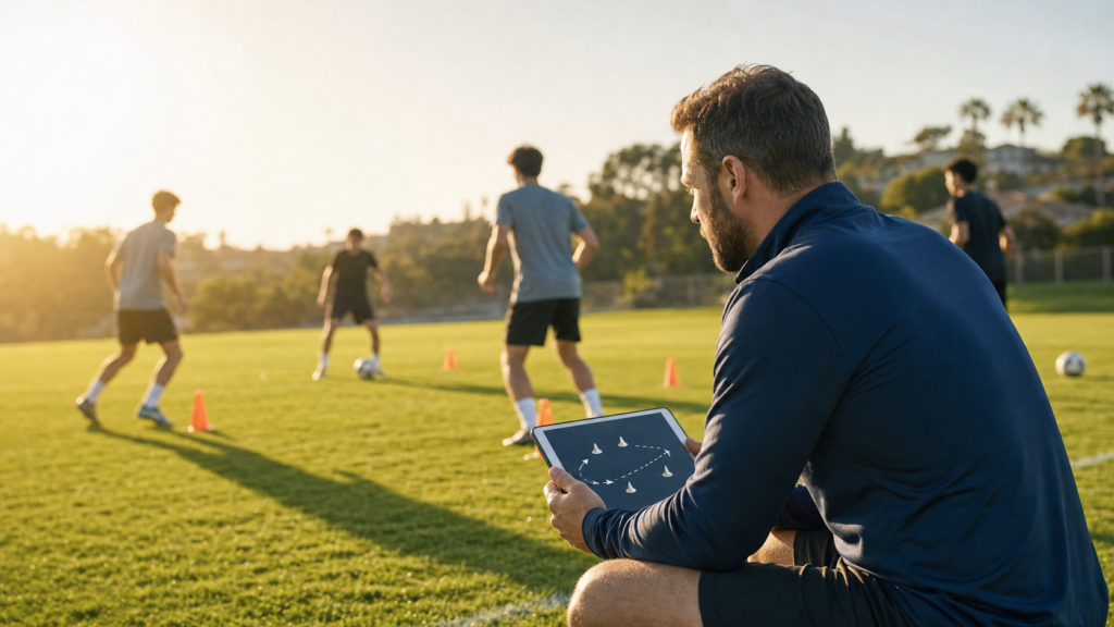 This is not Not a photograph of the MLS NEXT curriculum shoot. This is an illustration image of Coach using technology to coach, drills - meant to illustrate TeamSnapp use.