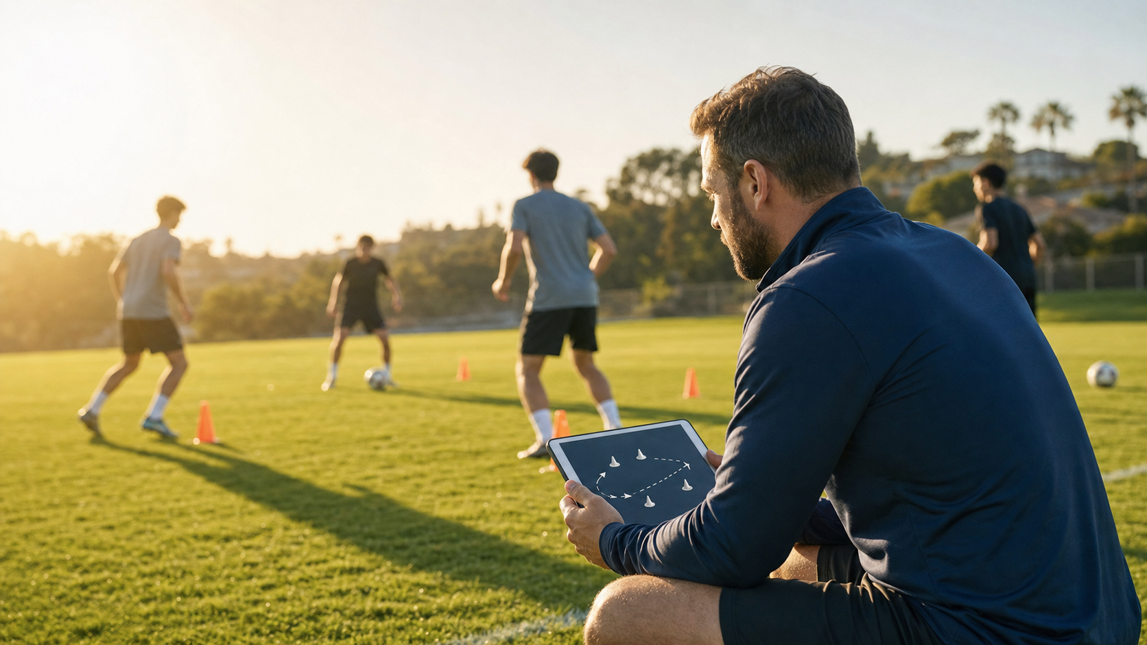 This is not Not a photograph of the MLS NEXT curriculum shoot. This is an illustration image of Coach using technology to coach, drills - meant to illustrate TeamSnapp use.
